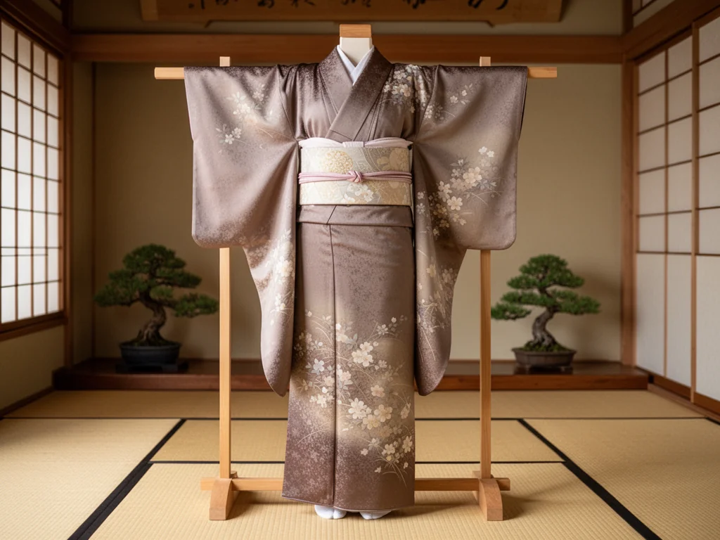 Kimono na stojaku w tradycyjnym japońskim wnętrzu z tatami i shoji, podkreślające elegancję i znaczenie stroju.