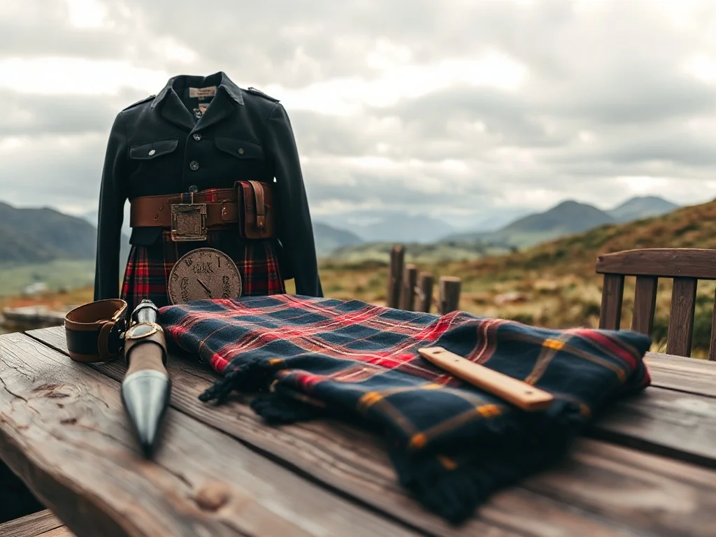 Kompletny tradycyjny strój szkocki ułożony na drewnianym stole na tle mglistych, zielonych wzgórz szkockich Highlands