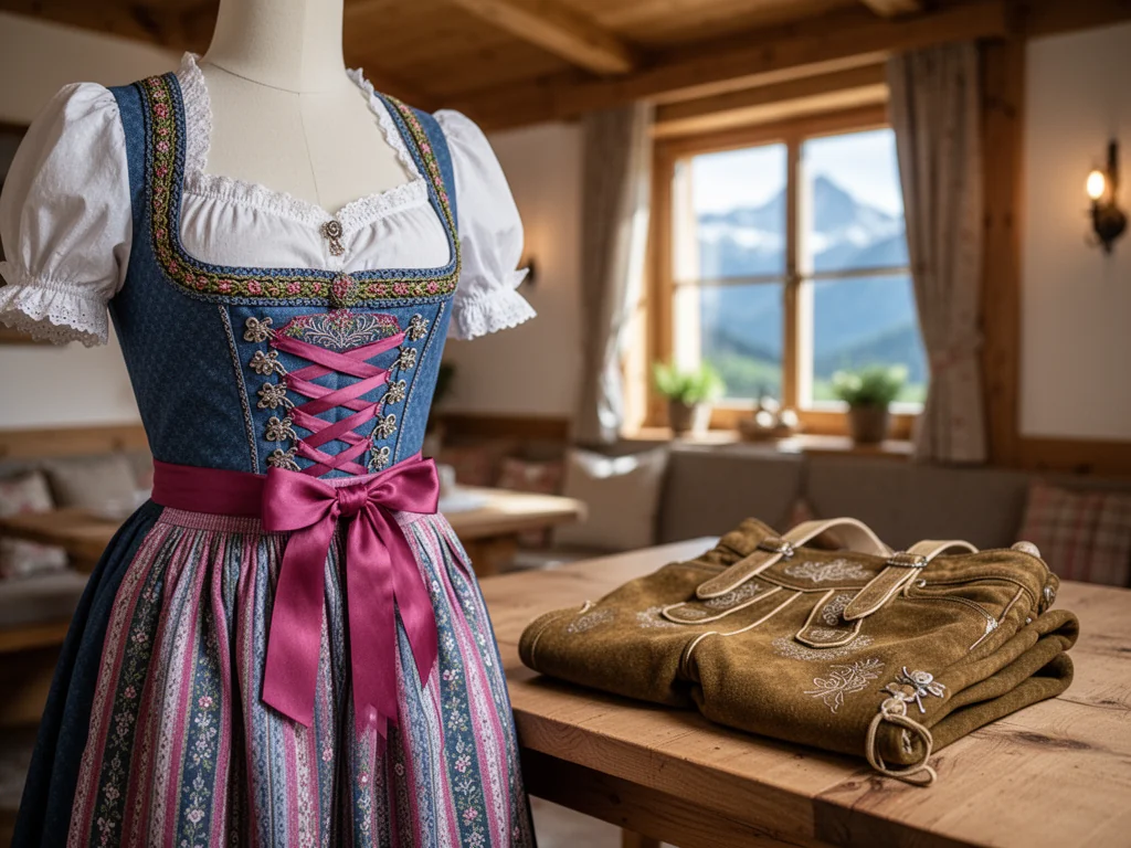 Dirndl na manekinie obok złożonych lederhosen w przytulnym, alpejskim wnętrzu, ukazujące detale tradycyjnego stroju.