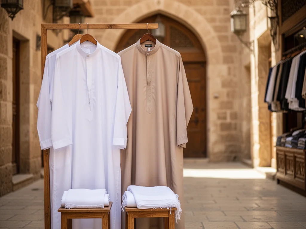 Dwa eleganckie thoby na wieszaku i biała kefija na stołku przed kamienną, tradycyjną zabudową Bliskiego Wschodu