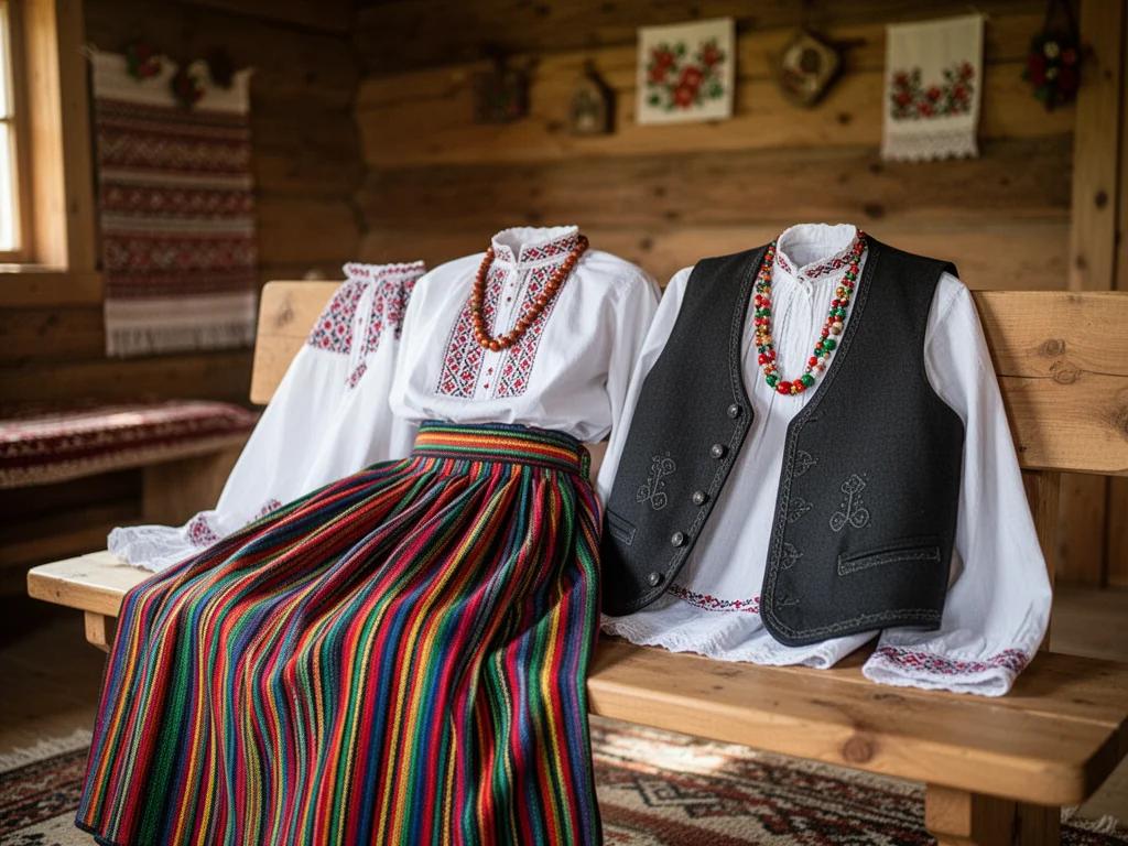 Tradycyjny strój mazowiecki ułożony na ławce w wiejskiej chacie, ukazujący kolory i detale haftu oraz tkanin.