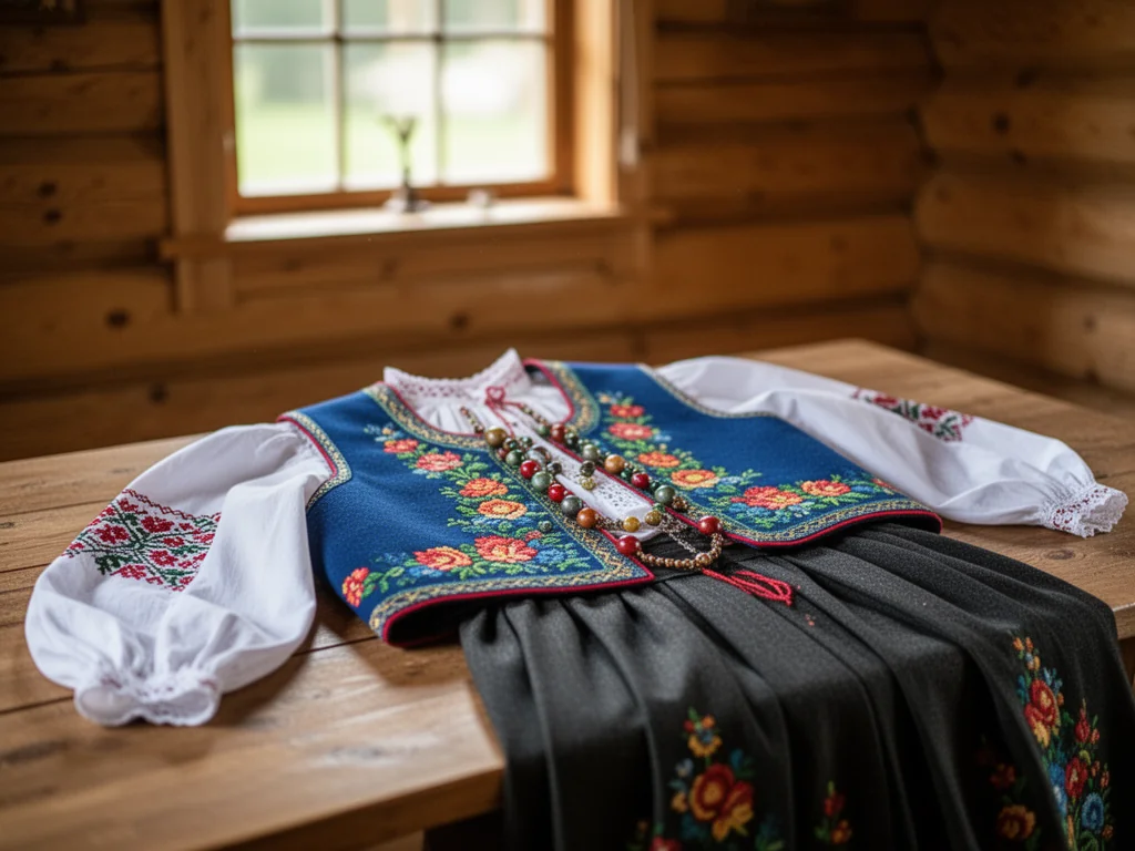 Tradycyjny strój kaszubski ułożony na drewnianym stole, z haftowaną koszulą i niebieskim gorsetem w kwiatowe wzory.