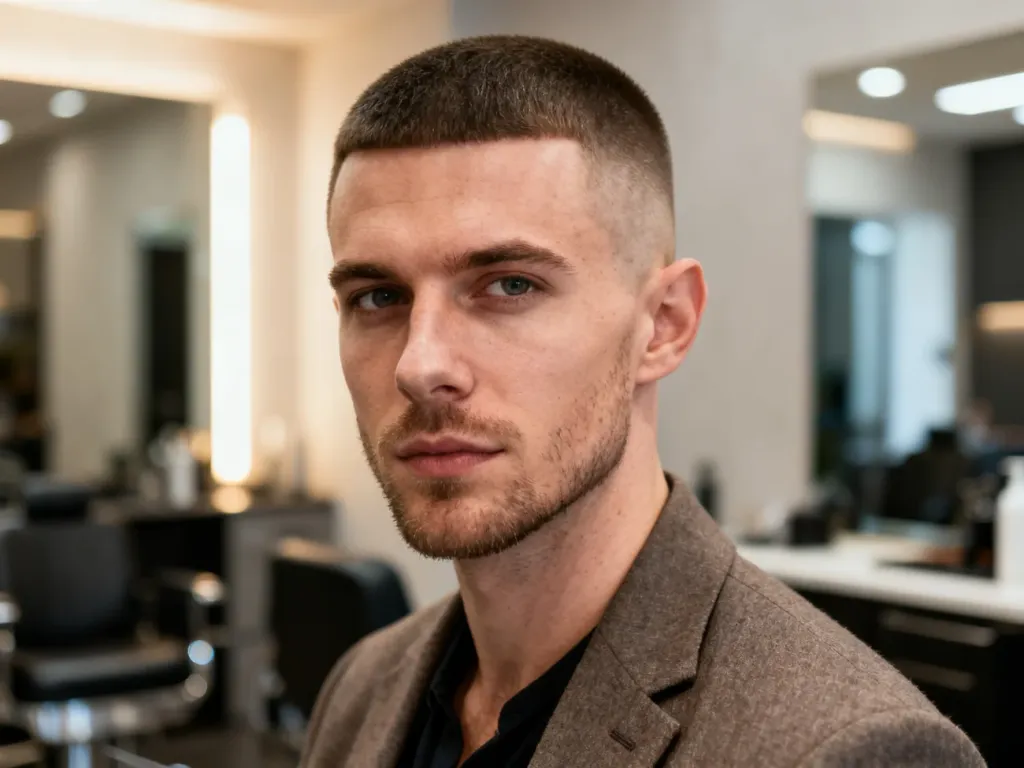 Mężczyzna w marynarce z precyzyjnie wykonaną fryzurą typu low fade, prezentujący nowoczesną stylizację włosów.