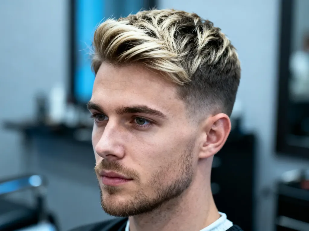 Mężczyzna z krótkimi włosami z modnymi blond pasemkami w profesjonalnej stylizacji fryzjerskiej.