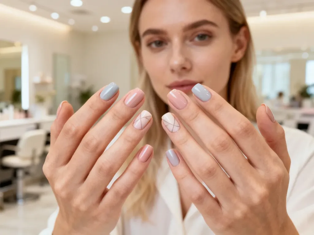 Dłonie z eleganckim, minimalistycznym manicure w pastelowych odcieniach, prezentujące delikatne wzory na paznokciach.