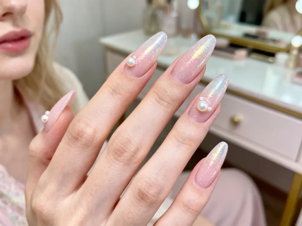 Elegancki manicure typu princess nails z mlecznym różem, delikatnym brokatem i ozdobnymi perełkami na migdałowych paznokciach.