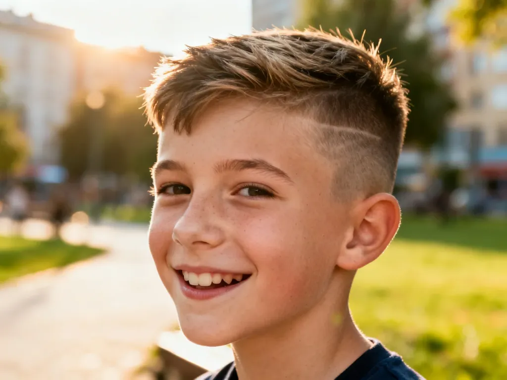 Jedenastoletni chłopiec w modnej fryzurze typu textured fade na tle słonecznego parku.