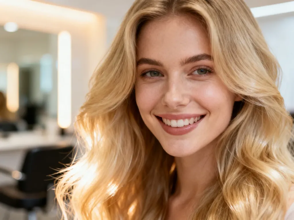 Uśmiechnięta kobieta z gęstymi, lśniącymi blond włosami w profesjonalnym salonie fryzjerskim.