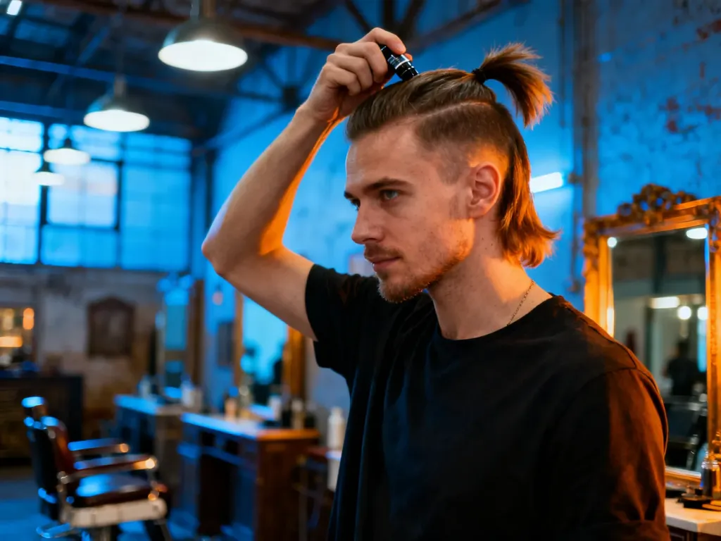 Mężczyzna w nowoczesnej fryzurze typu mullet stylizuje włosy w industrialnym wnętrzu salonu fryzjerskiego.