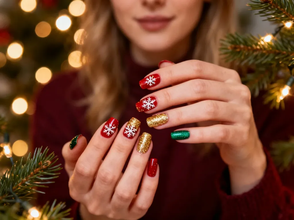 Dłonie z eleganckim świątecznym manicure w kolorach czerwieni i złota, ozdobione wzorami płatków śniegu.