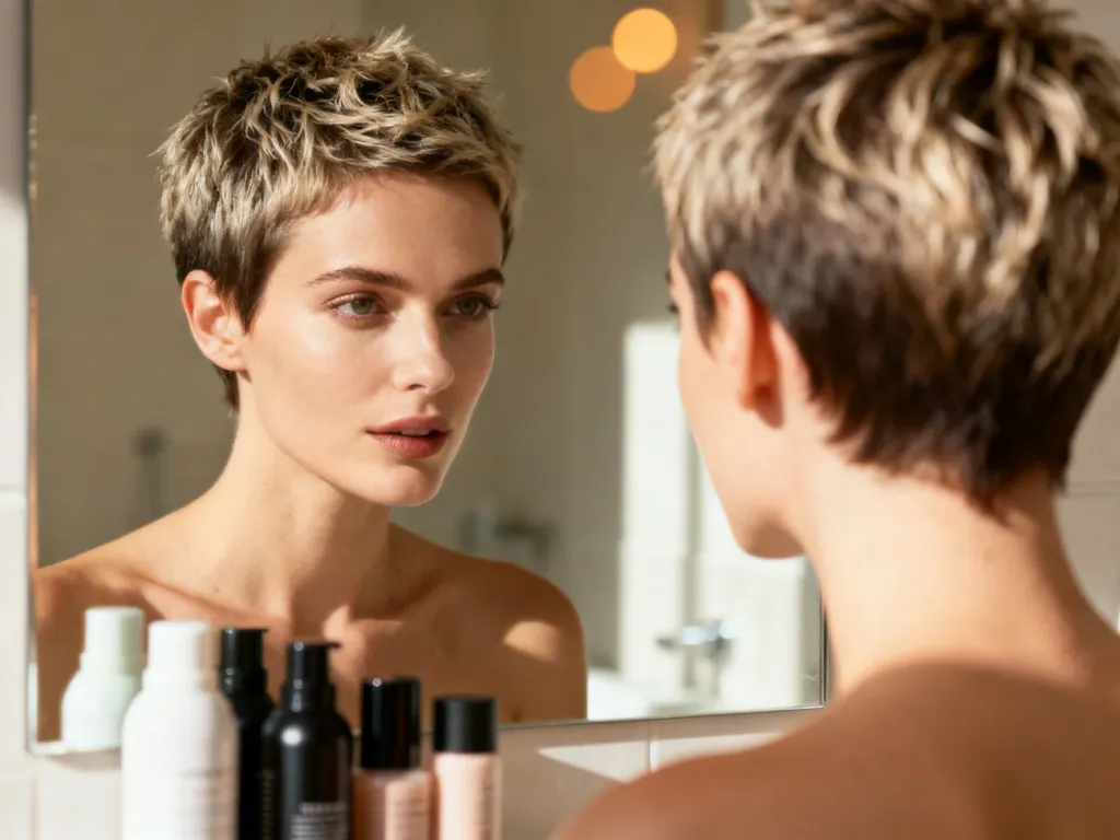Kobieta z modną fryzurą typu pixie w minimalistycznej łazience, prezentująca stylowe, krótkie włosy.