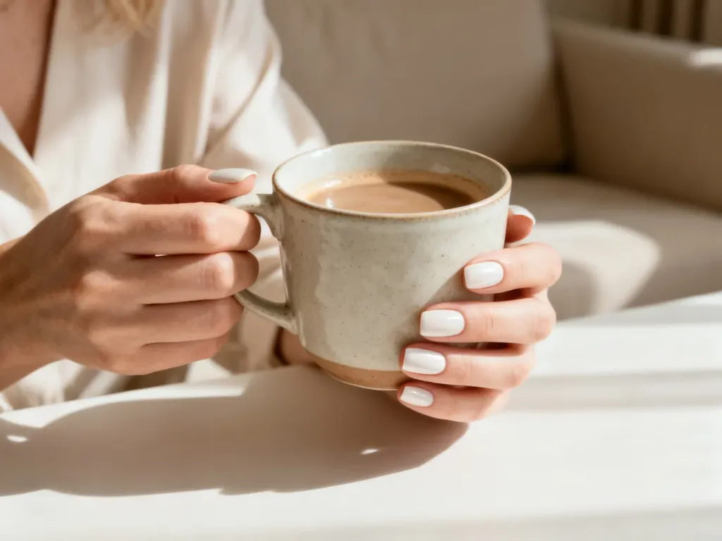 Dłonie z eleganckim manicure w kolorze mlecznej bieli trzymające ceramiczny kubek kawy w jasnym, minimalistycznym wnętrzu.