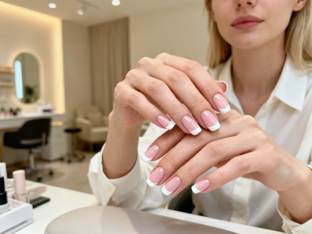 Dłonie z klasycznym manicure francuskim o idealnie białych końcówkach i jasnoróżowej płytce w minimalistycznym salonie.