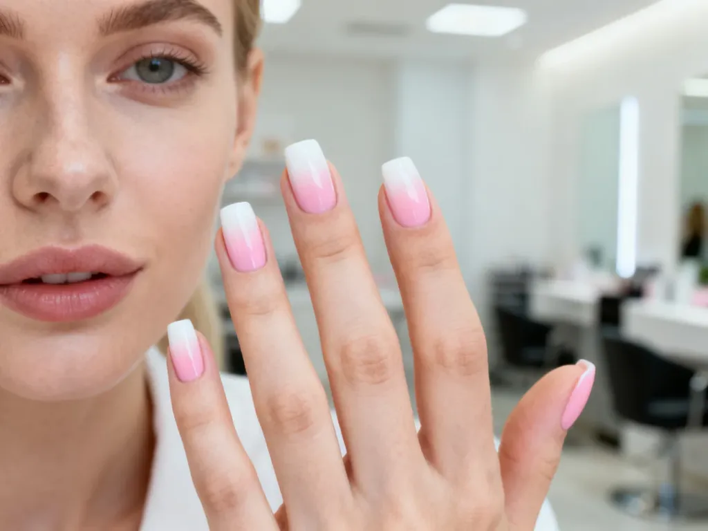 Elegancki manicure ombre z płynnym przejściem od bieli do pudrowego różu na zadbanych paznokciach.