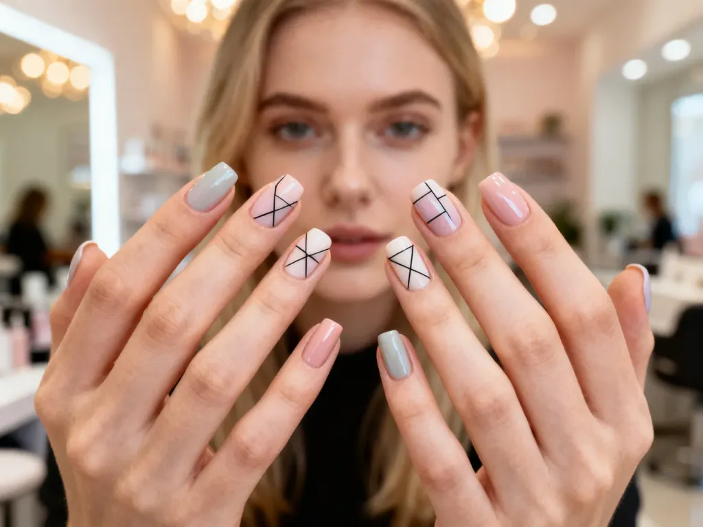 Zadbane dłonie z modnym, minimalistycznym manicure w pastelowych kolorach i geometryczne wzory na paznokciach.