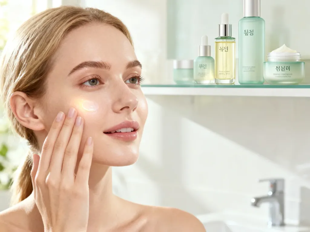 Kobieta nakłada rozświetlające serum na twarz w minimalistycznej łazience, w tle widoczne eleganckie koreańskie kosmetyki.