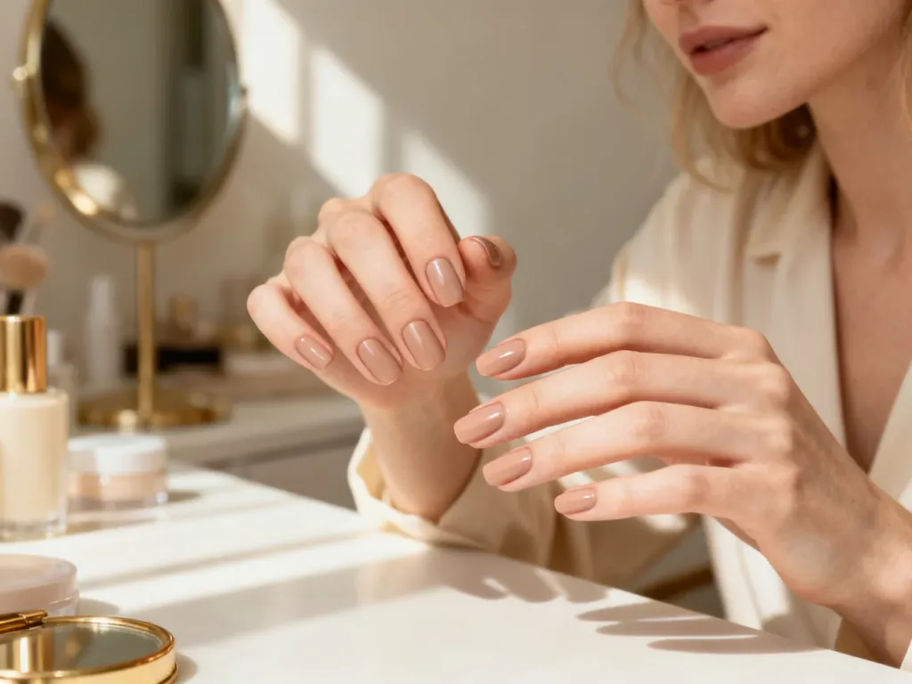Dłonie z eleganckim manicure w odcieniu nude na tle minimalistycznej toaletki w ciepłym, naturalnym świetle.