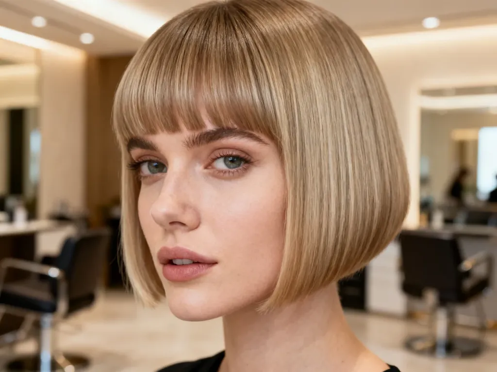 Kobieta z modnie wystylizowaną grzywką typu curtain bangs, która delikatnie okala jej twarz w salonie fryzjerskim.
