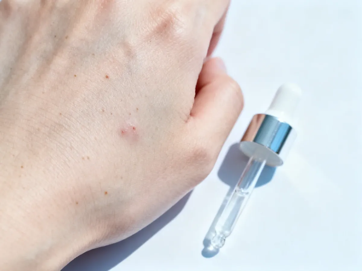 Zbliżenie skóry z widocznymi porami i kosmetykiem zawierającym kwas salicylowy