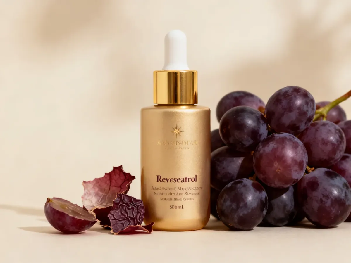 Serum z resweratrolem obok fioletowych winogron