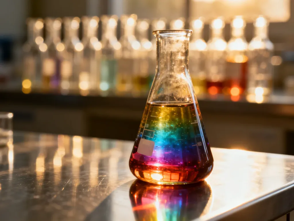 Szklana zlewka z kolorowym roztworem chemicznym w profesjonalnym laboratorium, symbolizująca badania nad składem produktów.