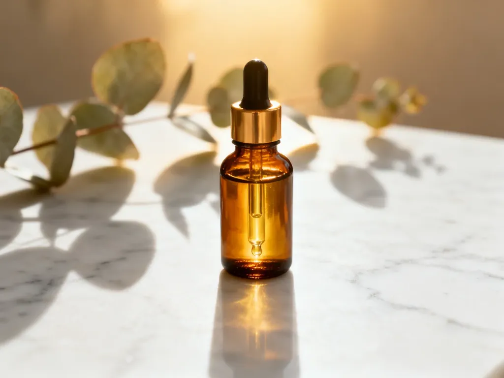 Elegancka buteleczka z bursztynowym serum na marmurowym blacie, podkreślająca profesjonalną pielęgnację skóry.