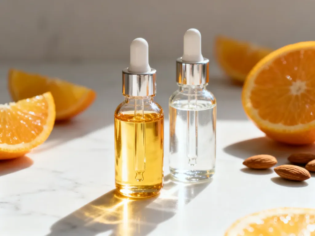 Dwie buteleczki z serum – z witaminą C i olejkiem z witaminą E – na marmurowym blacie w otoczeniu cytrusów i migdałów.