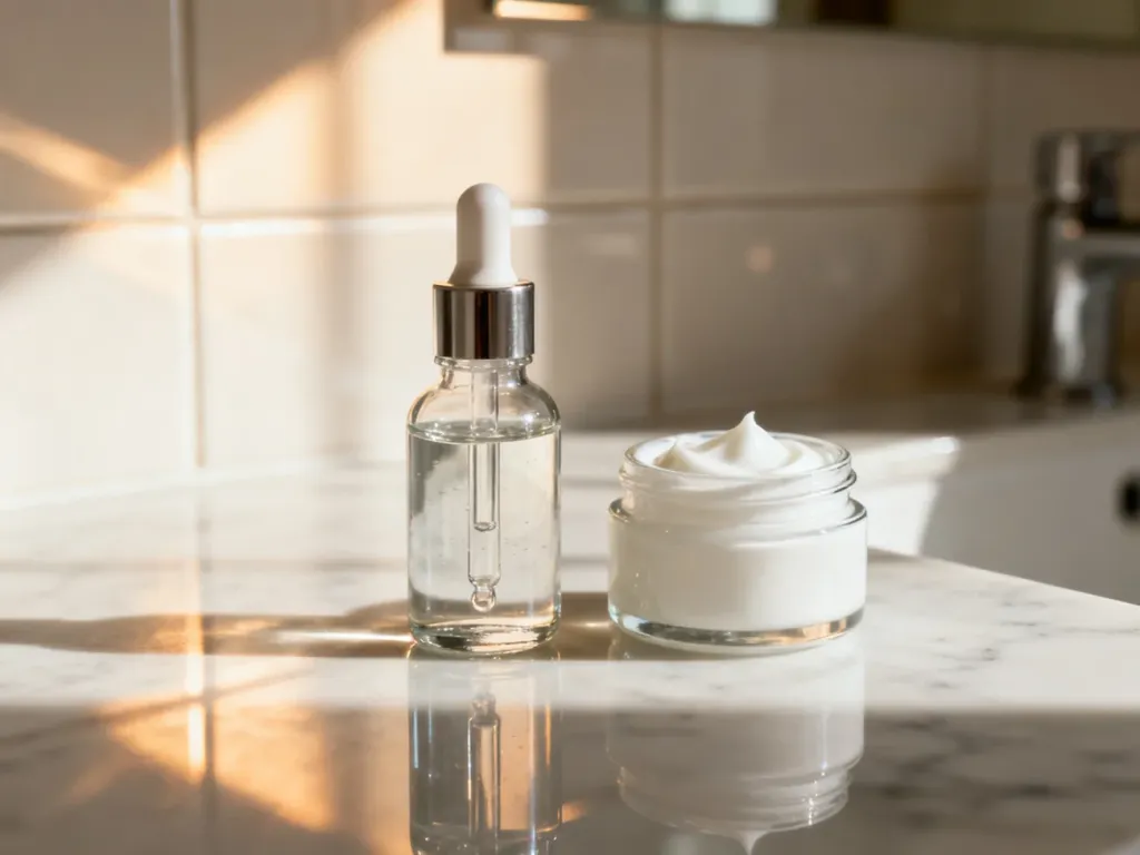 Szklane buteleczki z serum hialuronowym i kremem z ceramidami na marmurowym blacie, prezentujące produkty do pielęgnacji.