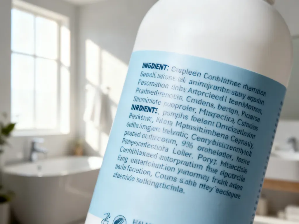 Zbliżenie na listę składników kosmetyku (INCI) w jasnej, minimalistycznej łazience, ułatwiające analizę składu produktu.