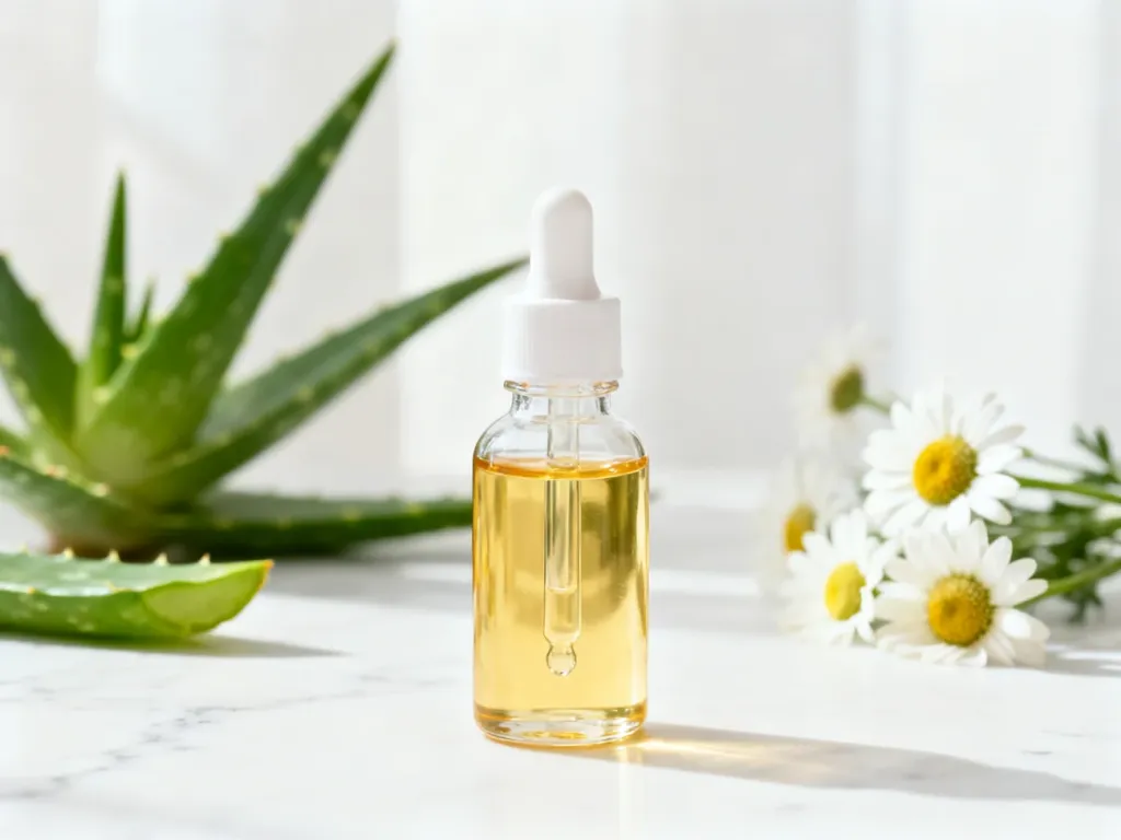 Złote serum w szklanej butelce na marmurowym blacie w otoczeniu aloesu i rumianku, symbolizujące łagodną pielęgnację skóry.