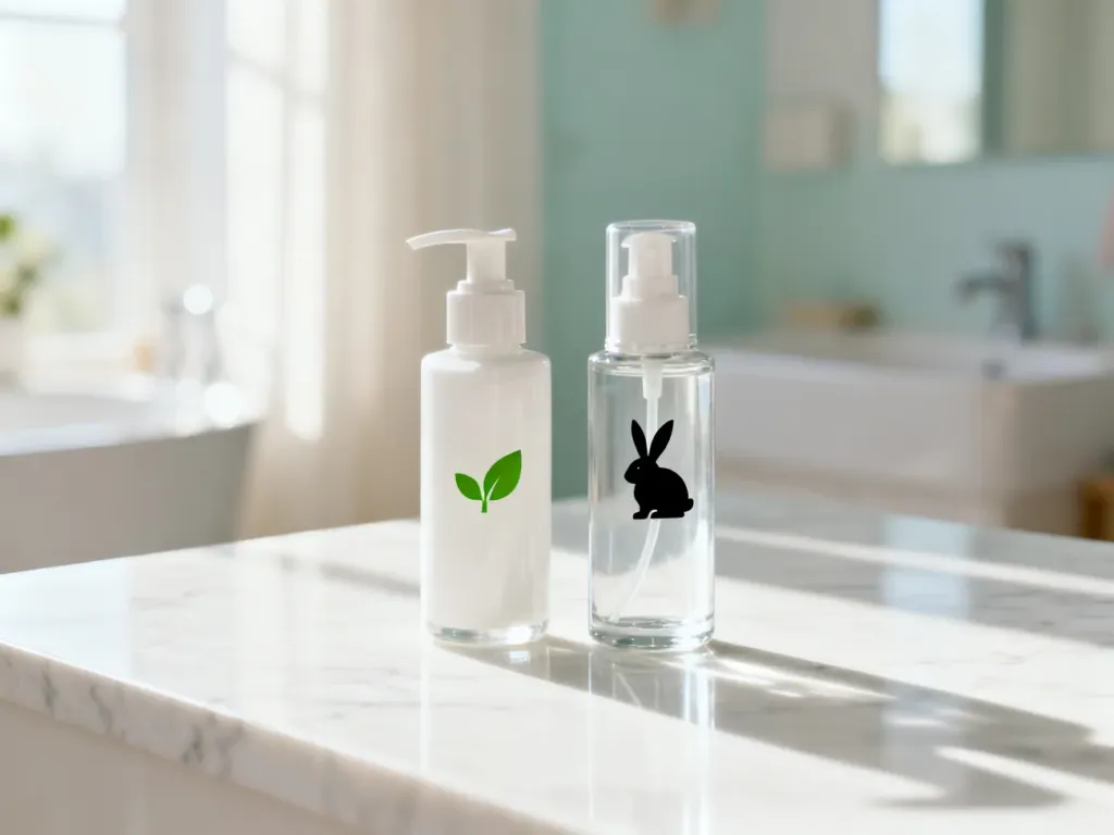 Dwie butelki kosmetyków na marmurowym blacie, oznaczone symbolami liścia i królika, symbolizujące produkty wegańskie i cruelty-free.