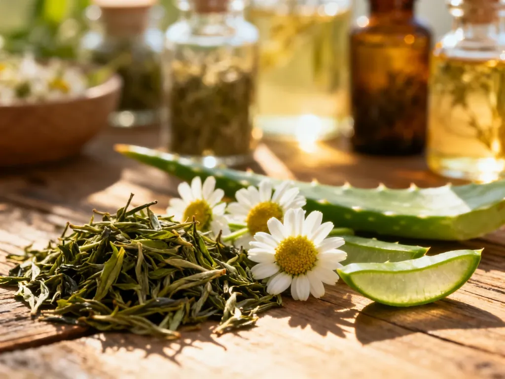 Świeże składniki roślinne, takie jak aloes, rumianek i zielona herbata, na drewnianym stole w otoczeniu szklanych słoików.