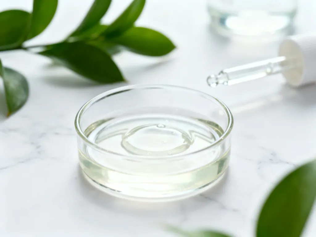 Przezroczyste serum w szklanym naczyniu na marmurowym blacie, podkreślające profesjonalny charakter pielęgnacji kwasami BHA.