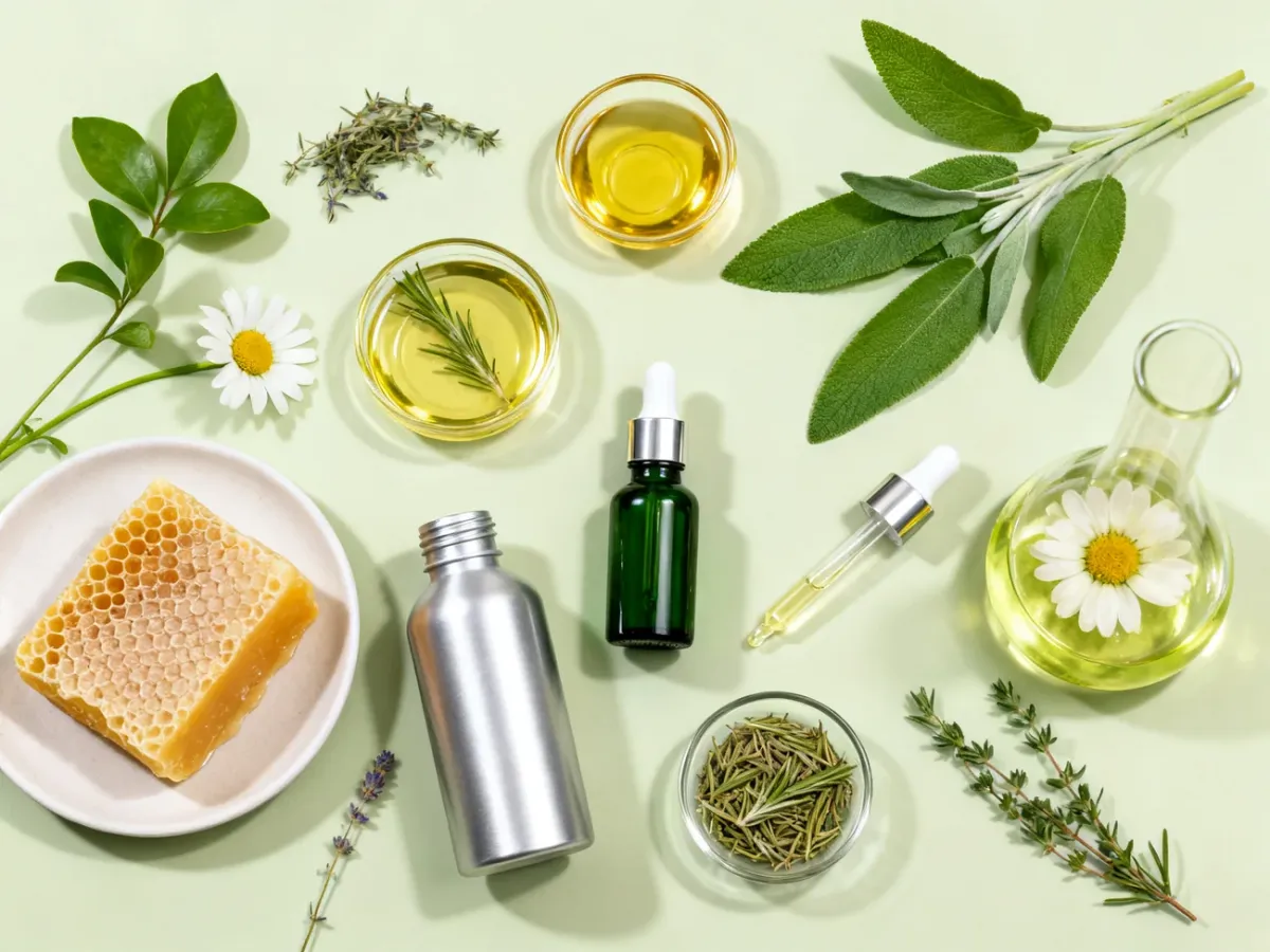 Naturalne składniki kosmetyczne zestawione z laboratoryjnymi produktami do pielęgnacji skóry