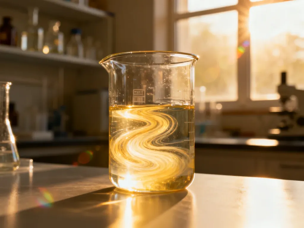 Szklana zlewka z wirującym roztworem chemicznym w laboratorium, ilustrująca procesy naukowe związane z działaniem kwasów AHA.