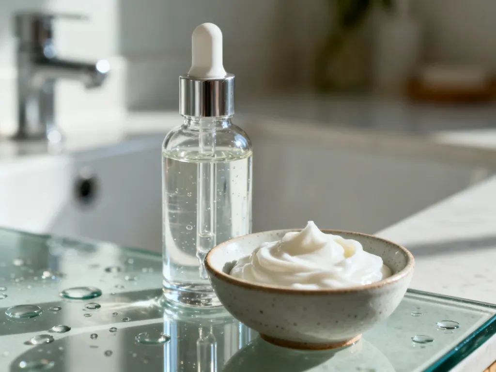 Serum w szklanej butelce z pipetą oraz gęsty krem w miseczce, ilustrujące łączenie humektantów z okluzją w pielęgnacji.