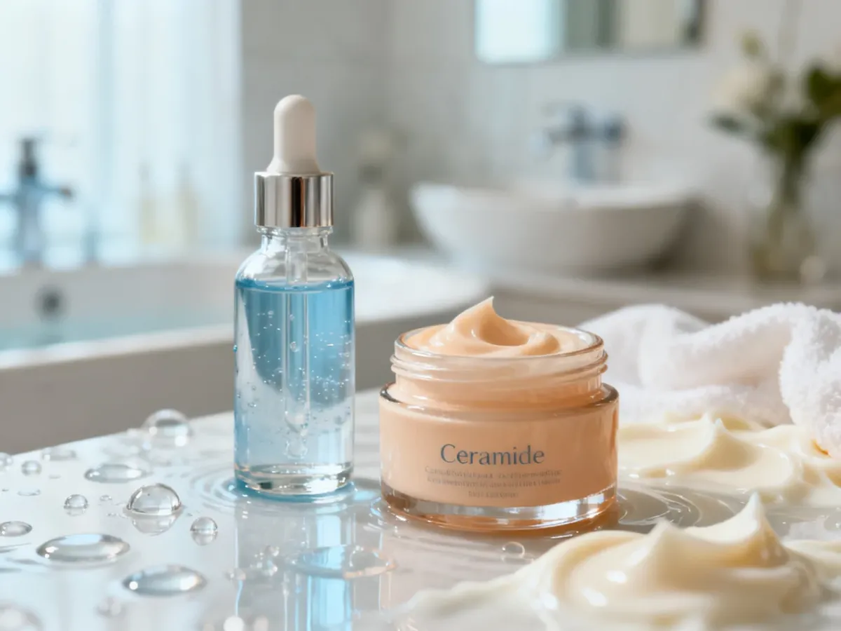 Serum z kwasem hialuronowym i krem z ceramidami w jasnej aranżacji