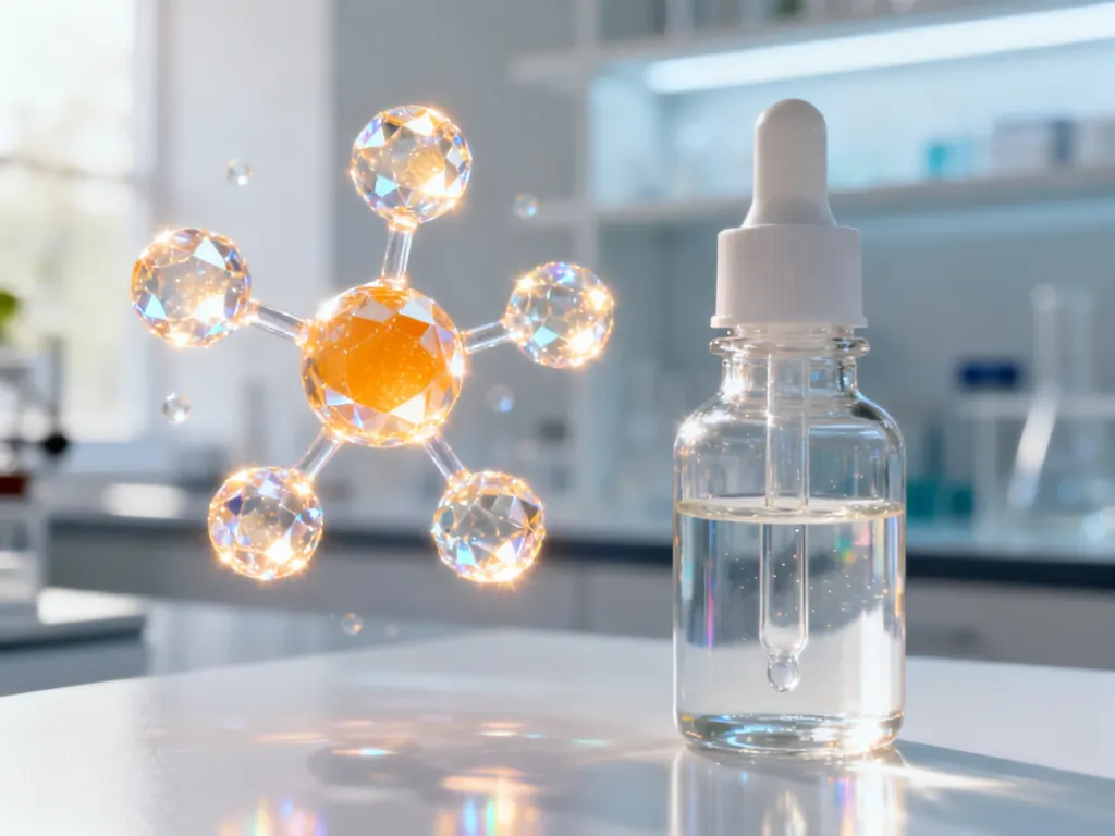Szklana buteleczka z serum obok świecących cząsteczek witaminy C w profesjonalnym laboratorium.