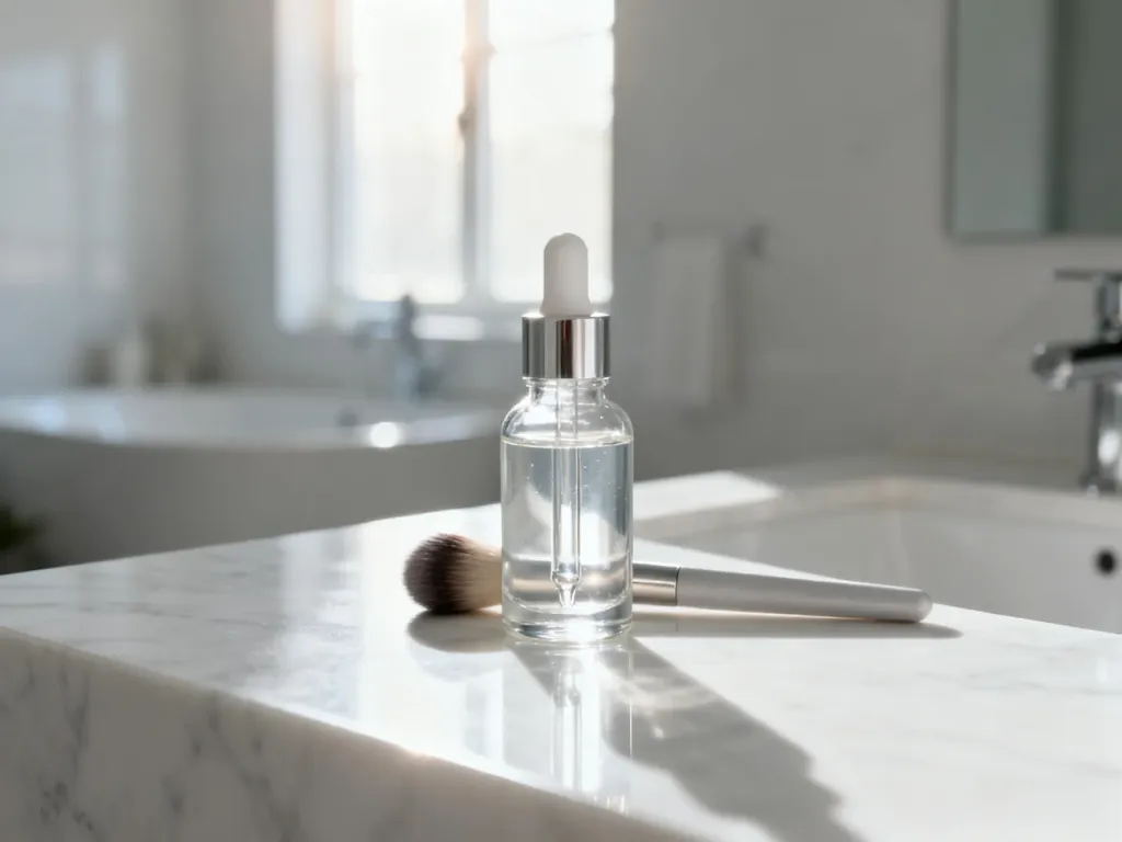 Szklana buteleczka z serum i pędzel kosmetyczny na marmurowym blacie, symbolizujące profesjonalną pielęgnację kwasami.