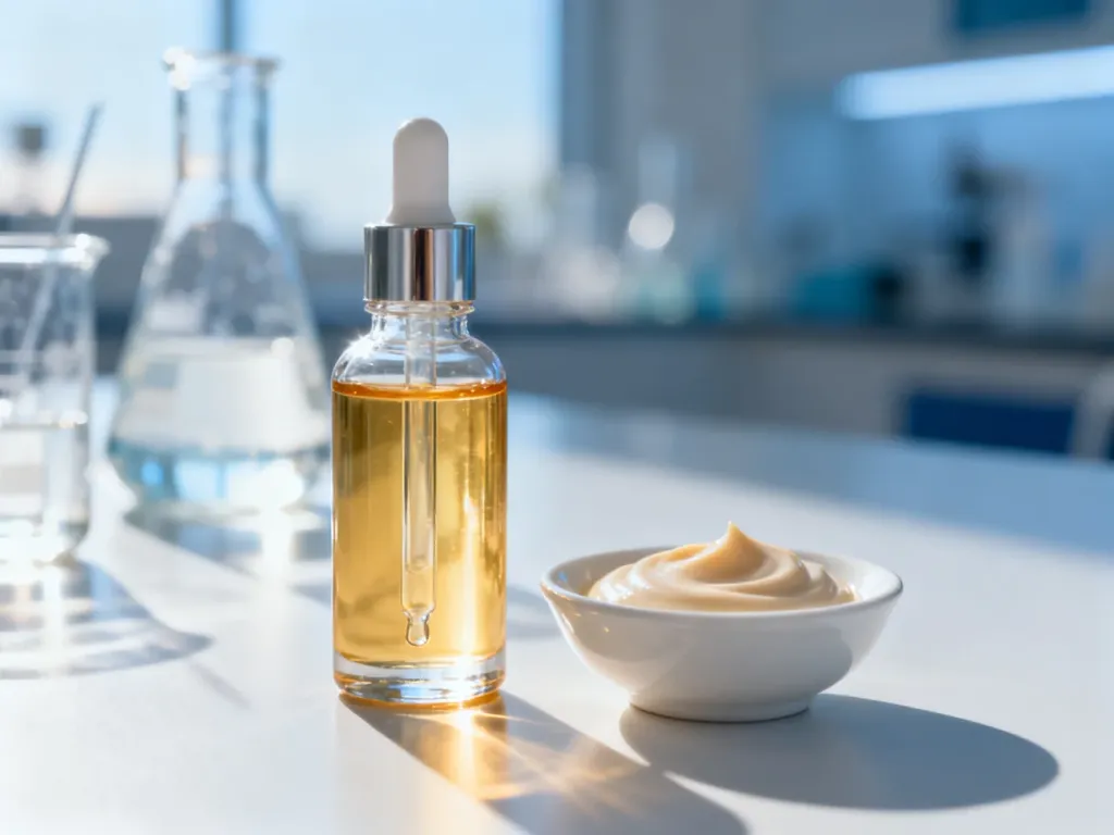 Szklana butelka z serum i próbka kremu z filtrem UV na tle laboratoryjnego szkła, ilustrujące skład kosmetyków ochronnych.