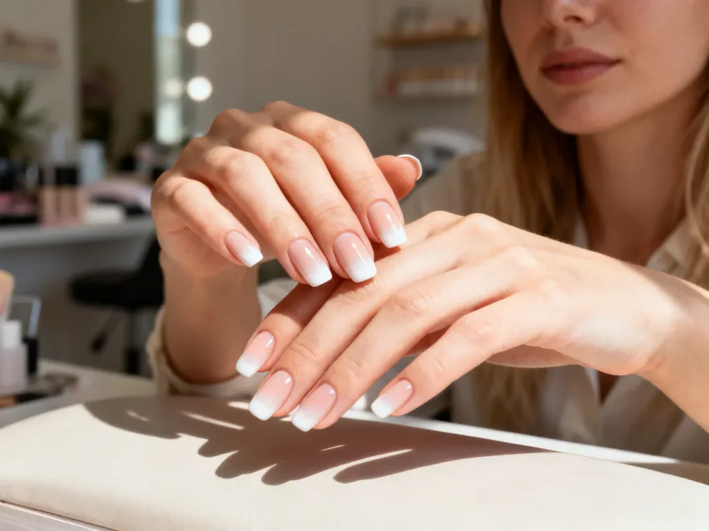 Dłonie z eleganckim manicure ombre french o subtelnym przejściu bieli w odcień nude w estetycznym salonie.