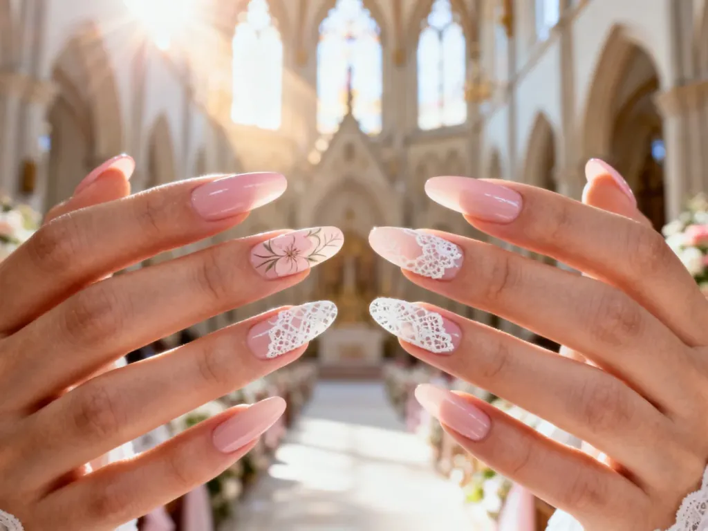 Eleganckie paznokcie żelowe w odcieniach różu z delikatnym motywem kwiatowym i koronką, idealne na komunię.