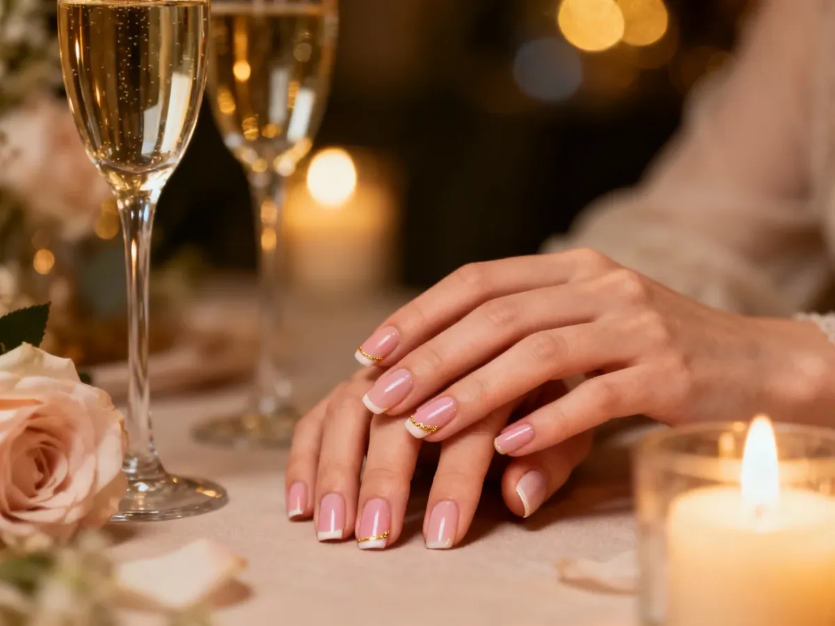 Elegancki nude manicure z delikatnym złotym akcentem na romantyczny wieczór rocznicowy