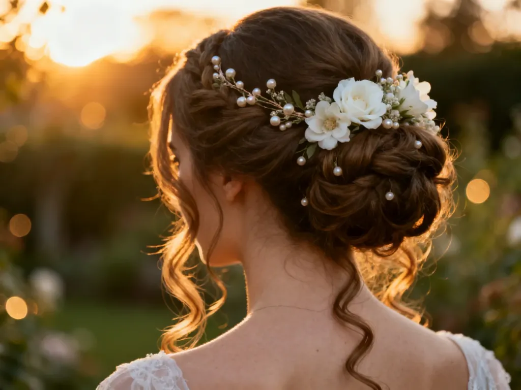 Eleganckie upięcie ślubne ozdobione kwiatami i perłami, utrzymane w romantycznym, naturalnym stylu.