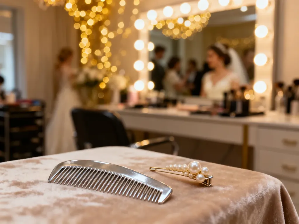 Eleganckie akcesoria do włosów, perłowa spinka i grzebień na aksamitnym tle w salonie fryzjerskim.
