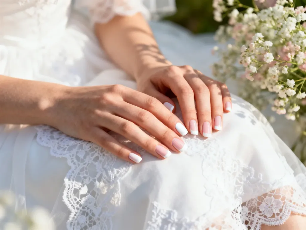 Dłonie z klasycznym manicure francuskim na tle białej koronki, idealnie pasujące do stylizacji komunijnej.