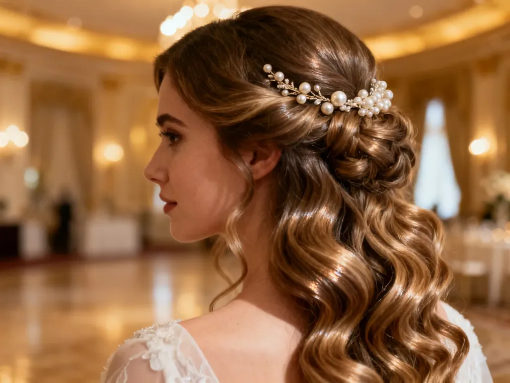 Eleganckie, lśniące fale ślubne ozdobione perłową spinką na tle sali weselnej w ciepłych, złotych odcieniach.