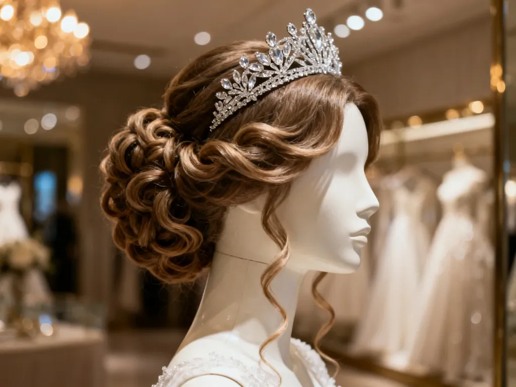 Elegancka fryzura ślubna z lokami i błyszczącym diademem na głowie manekina w luksusowym salonie ślubnym.