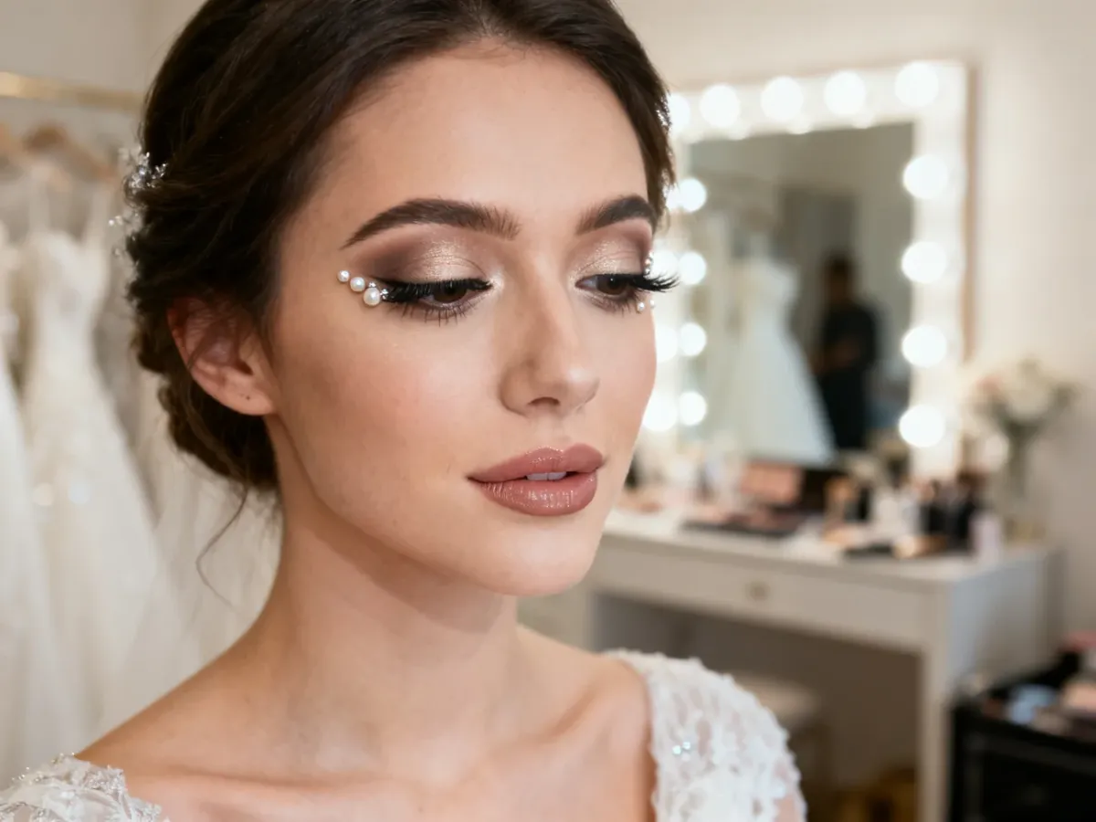 Panna młoda w eleganckim makijażu z delikatnymi zdobieniami przy oku