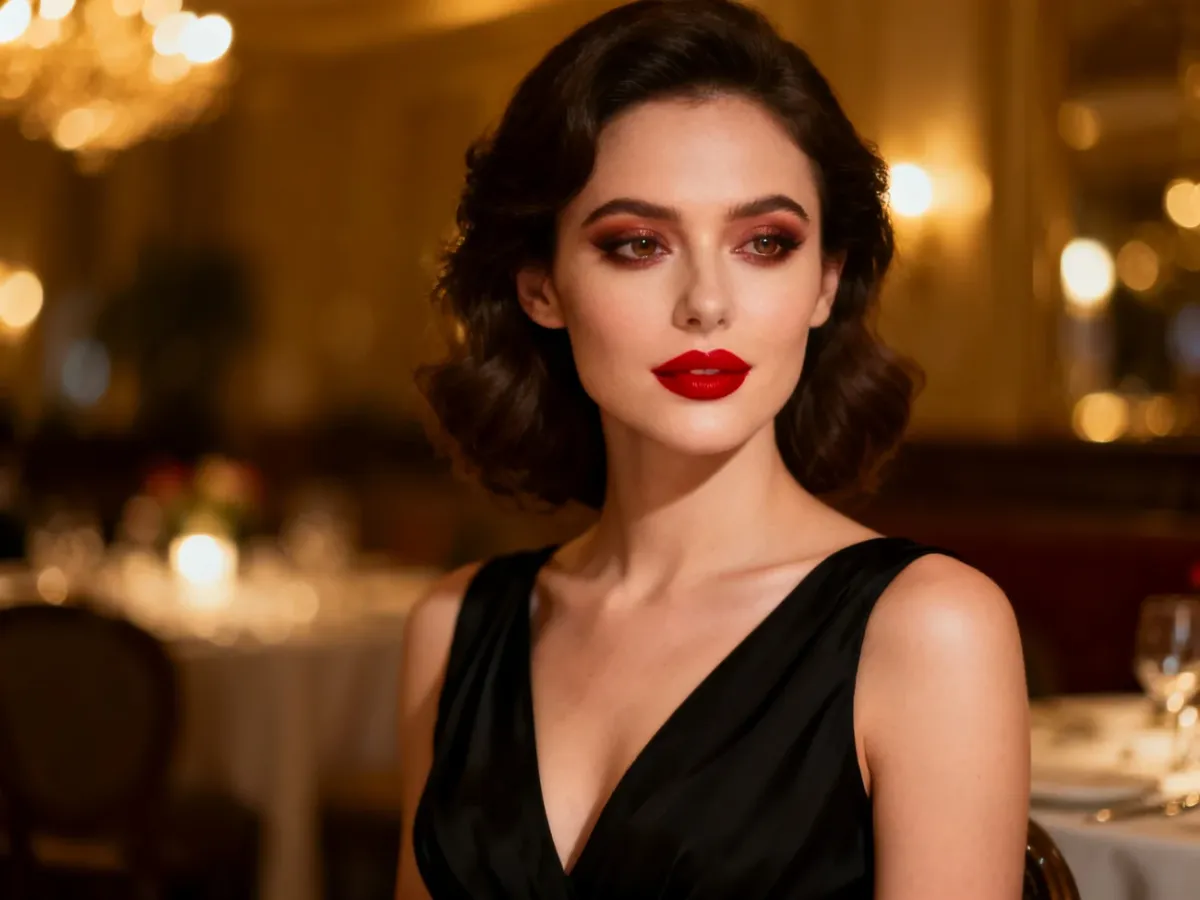 Elegancki makijaż wieczorowy z czerwonymi ustami i delikatnym smoky eyes do czarnej sukienki